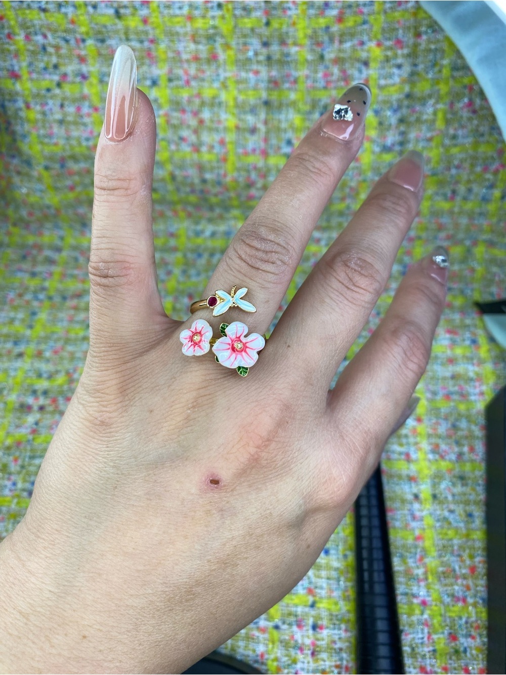 A great Pink Floral Enamel Adjustable Ring open size 5-13